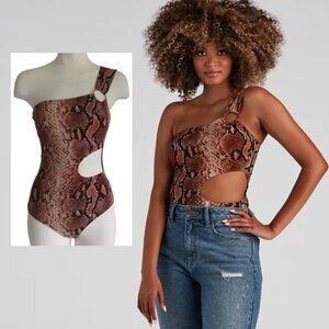 WINDSOR Disco Style One Shoulder Bodysuit Cutout Side in Rust Snake Color Size S
